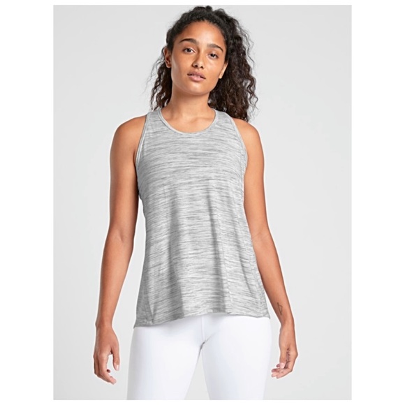ATHLETA Essence Tie-Back Tank Top M Pretty Grey & Pearl White Tee Shirt NWT’S - Picture 2 of 7